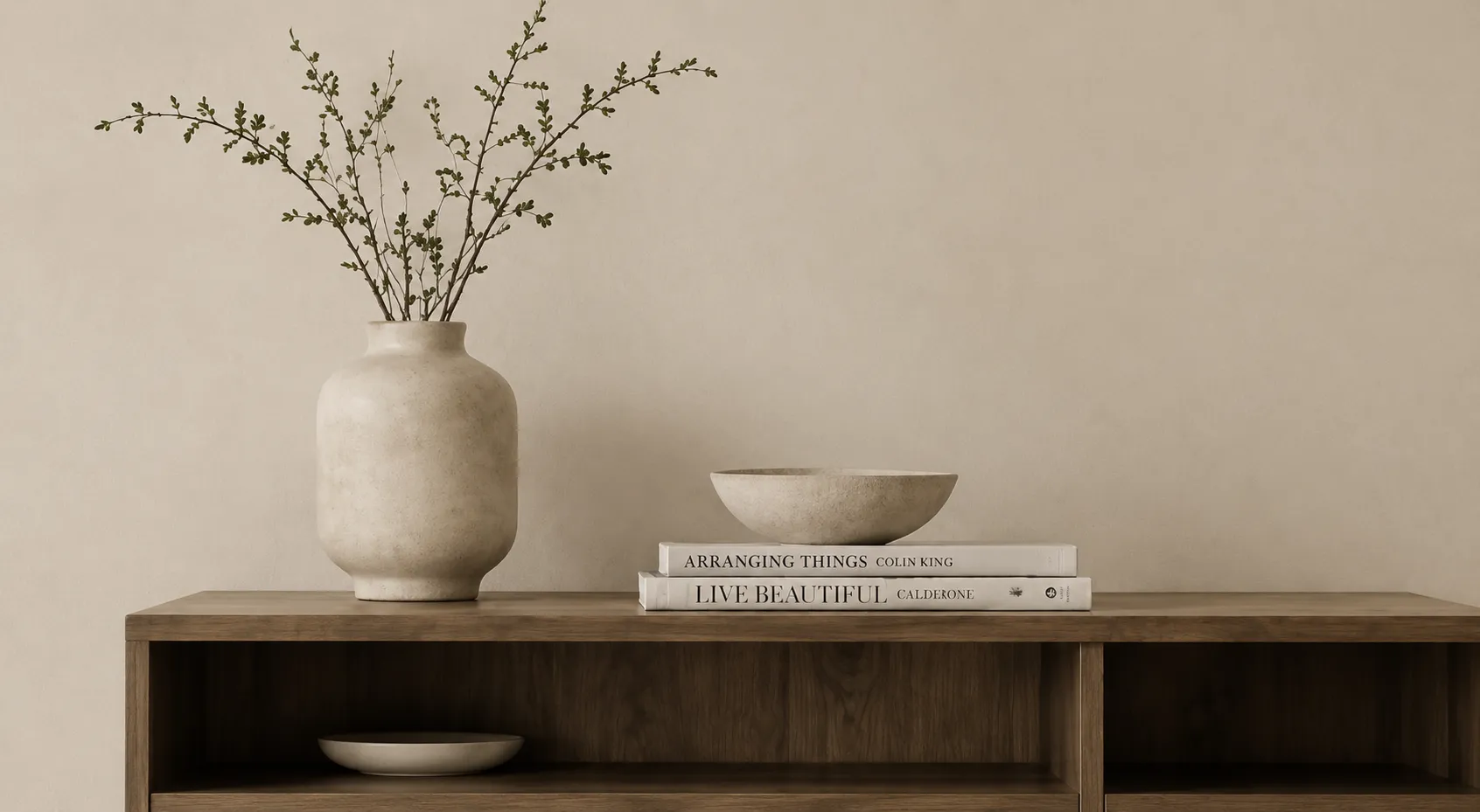 Console table styled with a stone vase, ceramic bowls, and interior design books